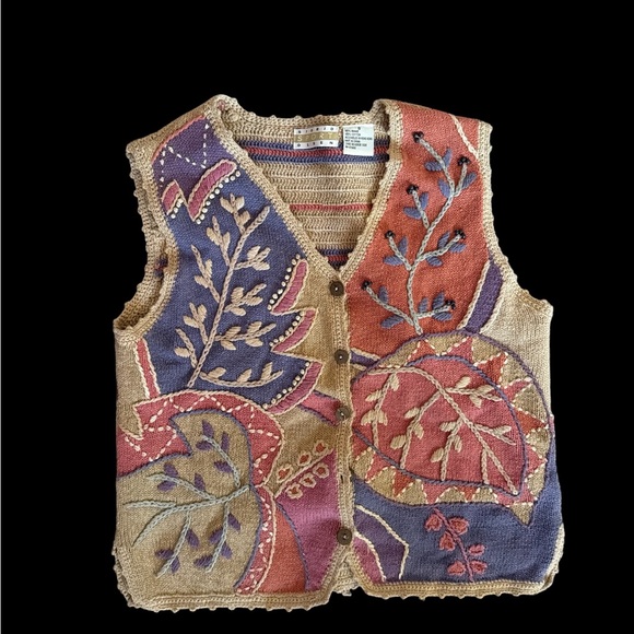 Sigrid Olsen Sport Vest Small Embroidered Knit Ramie Cotton Boho Patchwork Y2K - Picture 4 of 9